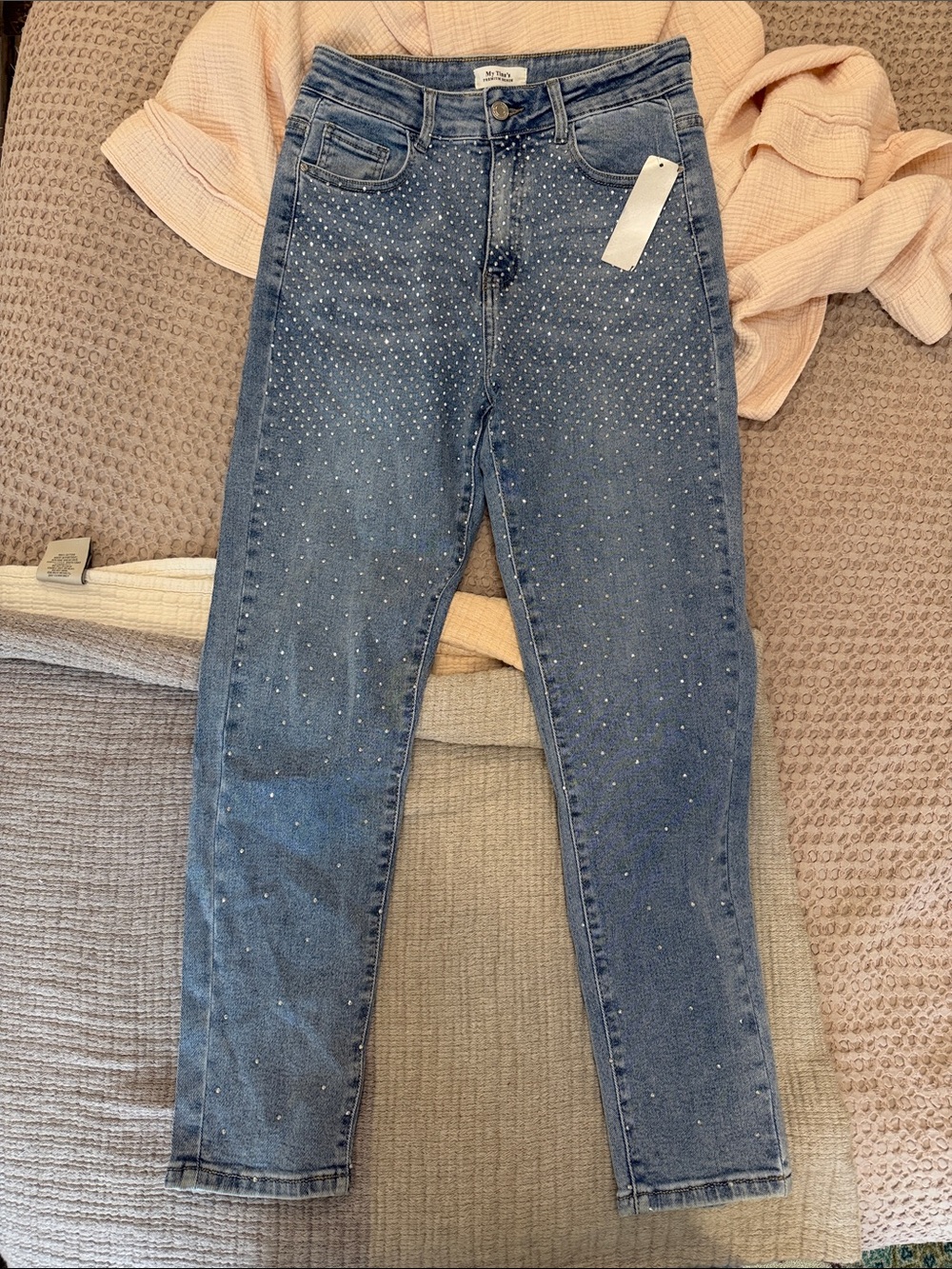 My Tine’s Women’s Blue High-Rise Rhinestone Jeans w Large European